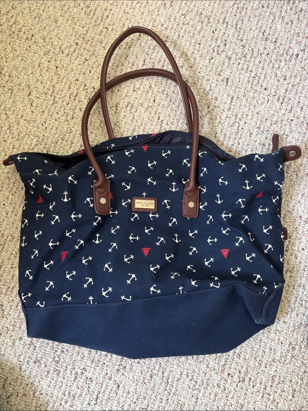 Tommy Hilfiger Brand Navy Anchor Print Tote with Brown Handles